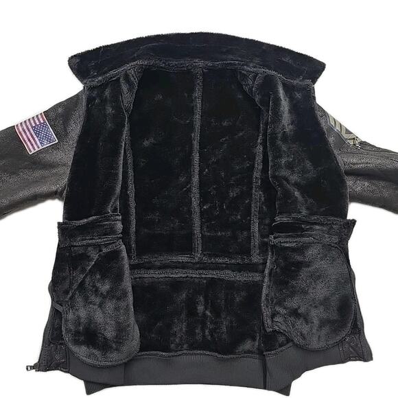Shein Mens US Army Veteran Faux Fur Lapel Flight Jacket Sz L Black Military - Picture 3 of 11